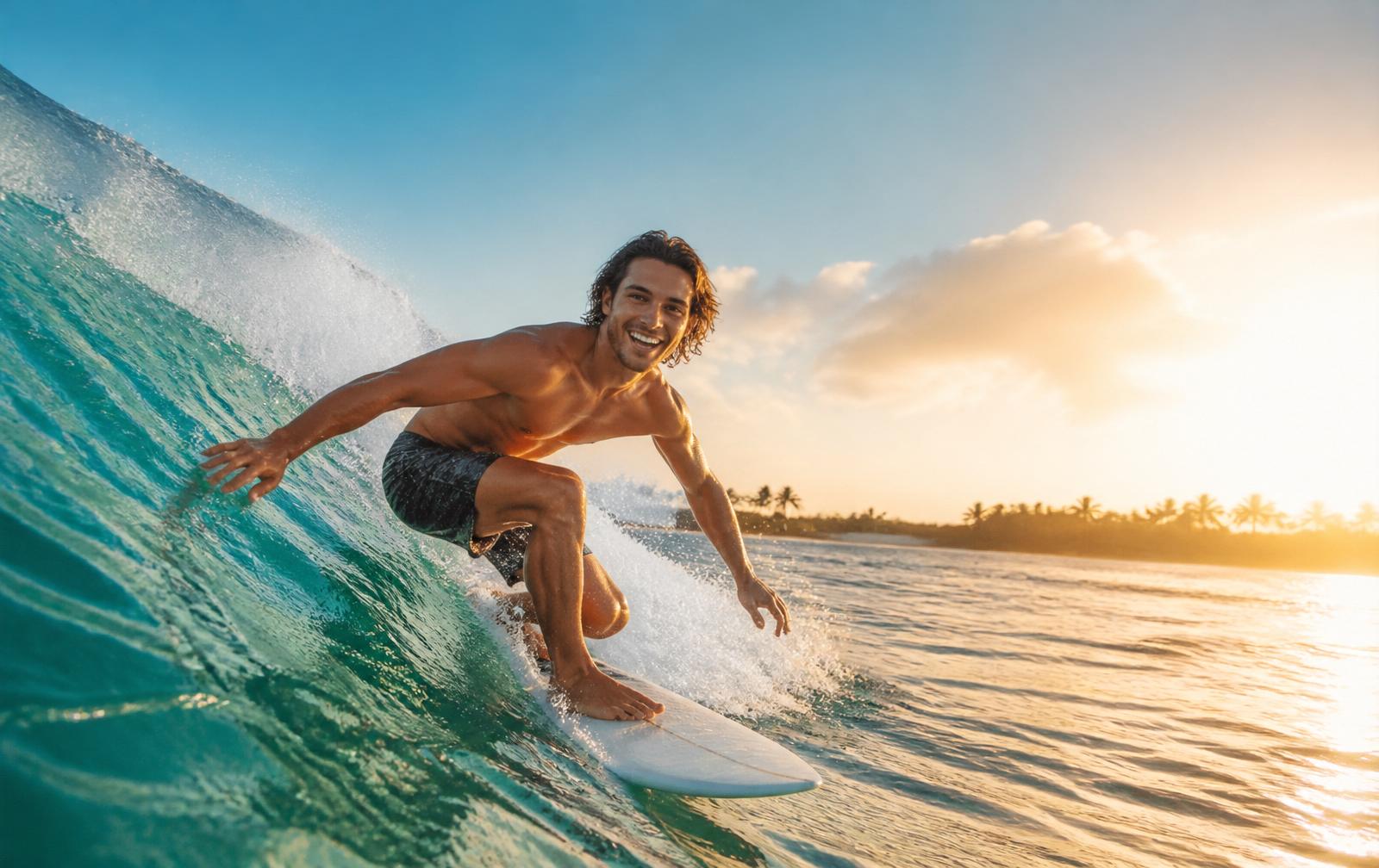 A surfer riding a wave at golden hour — living with clear vision after Eyecryl